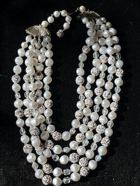 Vintage 80s 90s Japan 5 Strand Faux Pearl Crystal Sugar Bead Collar Necklace 15”